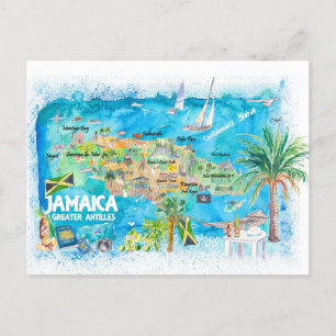 Cartão Postal De Festividades Mapa de Viagem com Estradas Ilustrado da Jamaica