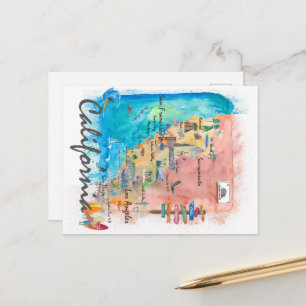 Cartão Postal De Festividades Mapa de Viagem Retro da Califórnia