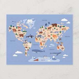 Cartão Postal De Festividades Mapa do Mundo dos Animais Fofos