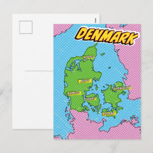 Cartão Postal De Festividades Mapa ilustrado da Dinamarca em Pop Art