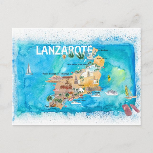 Cartão Postal De Festividades Mapa Ilustrado da Espanha Lanzarote Canarias (Frente)