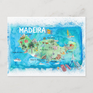 Cartão Postal De Festividades Mapa Ilustrado da Ilha Madeira Portugal