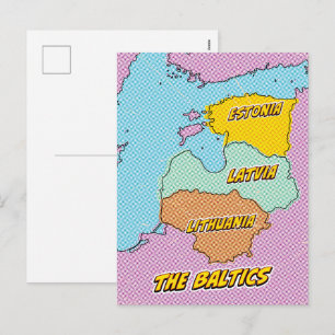 Cartão Postal De Festividades Mapa ilustrado de Estados Bálticos em Pop Art