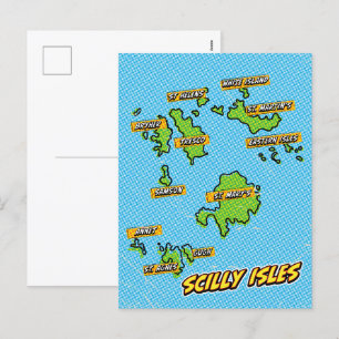 Cartão Postal De Festividades Mapa ilustrado de Pop Art das Ilhas Scilly