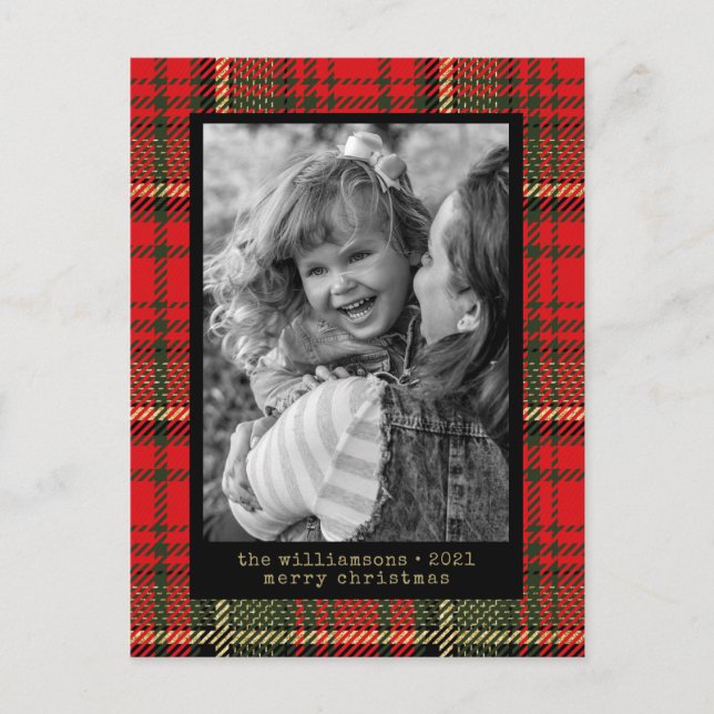 Cartão Postal De Festividades Máquina de Escrever Moderna Xadrez Vermelho e Dour (Frente)