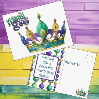 Cartão Postal De Festividades Mardi Gras Greeting with Crown and Beads