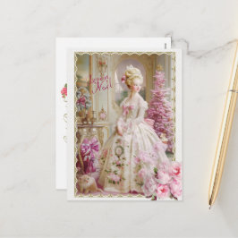 Cartão Postal De Festividades Marie Antoinette pink tree Roses cat Christmas 