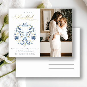 Cartão Postal De Festividades Marinho Clássico Azul Feliz Hanukkah 1 Foto Floral