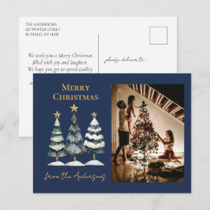 Cartão Postal De Festividades Marinho de Foto da Família das Árvores de Natal Mo
