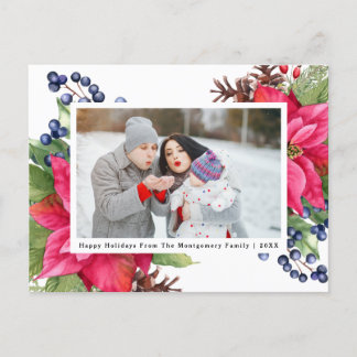 Cartão Postal De Festividades Marinho Elegante Poinsettia Berry Foto Personaliza