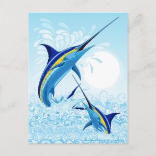 Cartão Postal De Festividades Marlins Azul Saltando fora do Oceano