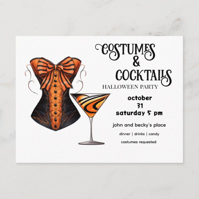 Cartão Postal De Festividades Martini Laranja e Preto e Costume e Cocktails (Frente)