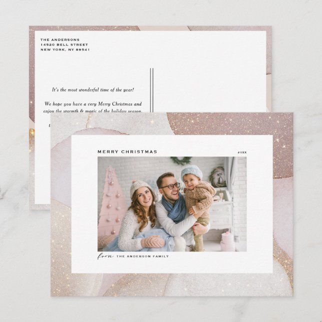 Cartão Postal De Festividades Mauve Tones e Glitter Acendem Foto de Natal (Frente/Verso)