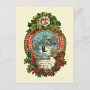 Cartão Postal De Festividades Medalhão de Cena de Neve Feliz de Natal
