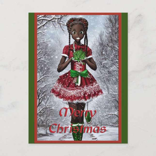 Cartão Postal De Festividades Menina africana vestida de natal de festa. (Frente)