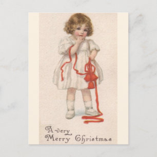Cartão Postal De Festividades Menina Antiga com Laço de Natal