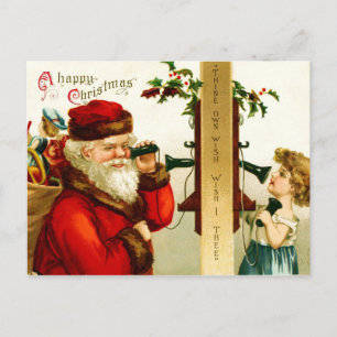 Cartão Postal De Festividades Menina ao telefone com Papai Noel