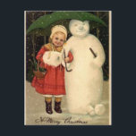 Cartão Postal De Festividades Menina com boneco de neve<br><div class="desc">Cartão do natal vintage da menina com boneco de neve</div>