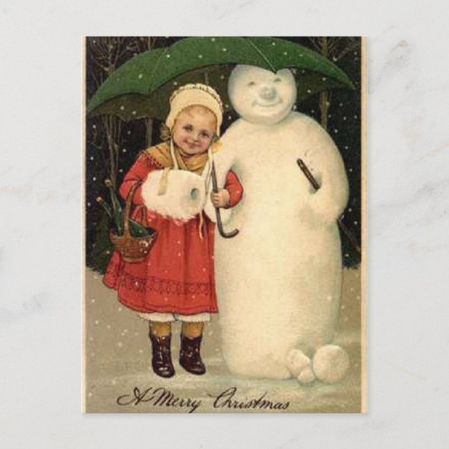 Cartão Postal De Festividades Menina com boneco de neve (Frente)