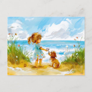 Cartão Postal De Festividades Menina com cachorro brincando na praia aquarela