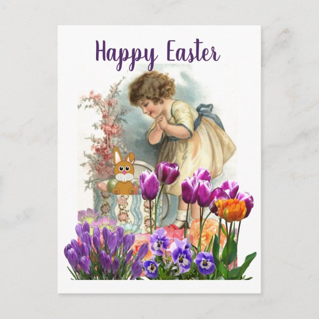 Cartão Postal De Festividades Menina da Páscoa Vintage com Flores de Tulipa  (Frente)