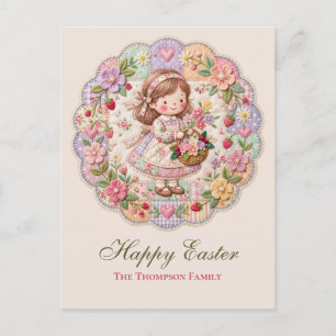 Cartão Postal De Festividades Menina da Páscoa Vintage Remendo Floral Morango