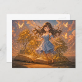 Cartão Postal De Festividades Menina de animação com poderes de livro mágico