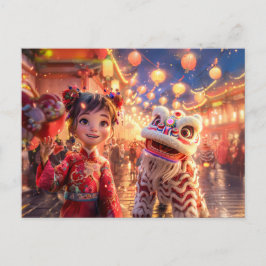 Cartão Postal De Festividades Menina de banda desenhada no Dragão Figurino para 