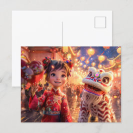 Cartão Postal De Festividades Menina de banda desenhada no Dragão Figurino para 