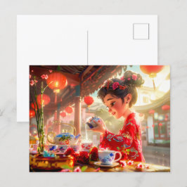 Cartão Postal De Festividades Menina de banda desenhada servindo chá em configur