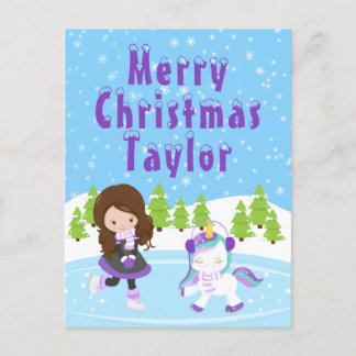 Cartão Postal De Festividades Menina de Cabelo Castanho Patinando no Gelo Feliz