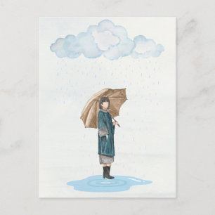 Cartão Postal De Festividades Menina de chuva com aquarela