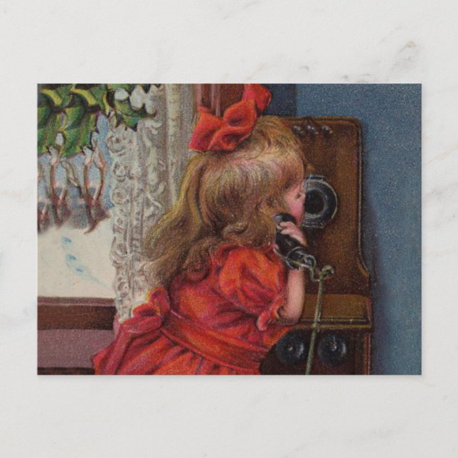 Cartão Postal De Festividades Menina de Natal Telefone Antigo (Frente)
