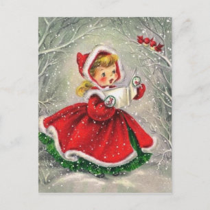 Cartão Postal De Festividades Menina de Natal Vintage dos Anos 1950 em Vestido