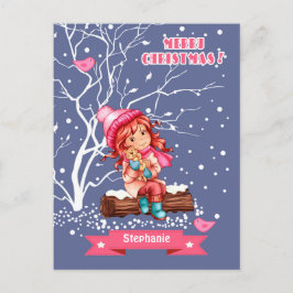 Cartão Postal De Festividades Menina e Gatinho | Nome personalizado Natal