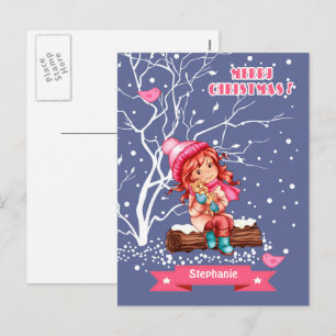 Cartão Postal De Festividades Menina e Gatinho   Nome personalizado Natal