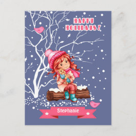 Cartão Postal De Festividades Menina e Gatinho | Nome personalizado Natal