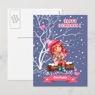 Cartão Postal De Festividades Menina e Gatinho   Nome personalizado Natal