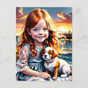 Cartão Postal De Festividades Menina e um filhote gordinho adorável