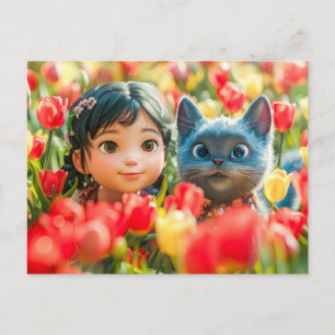 Cartão Postal De Festividades Menina Fantasia da Primavera e Gato em Tulipas