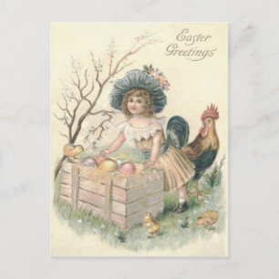 Cartão Postal De Festividades Menina Frango de Páscoa Galo Ovo Colorido