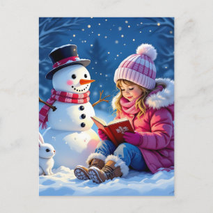 Cartão Postal De Festividades Menina lendo uma história no Natal