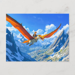 Cartão Postal De Festividades Menino animado voando em Alpes Pteranodon dinossau