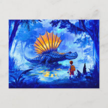 Menino anime fotografando dinossauro do pântano