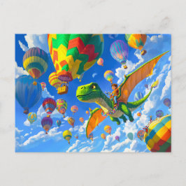 Cartão Postal De Festividades Menino anime voando em um dragão dinossauro e balõ