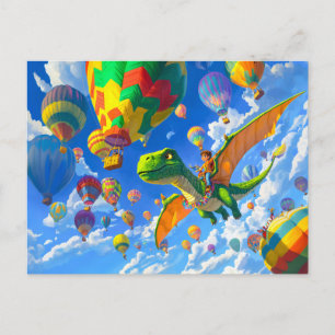 Cartão Postal De Festividades Menino anime voando em um dragão dinossauro e balõ