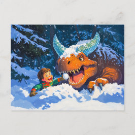 Cartão Postal De Festividades Menino de anime brincando de dinossauro em dia de 