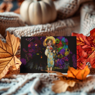 Cartão Postal De Festividades Menino e gato vintage de Halloween