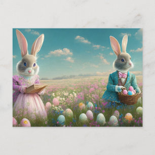 Cartão Postal De Festividades Menino e menina do Coelhinho da Páscoa Elegante