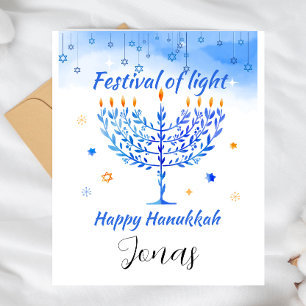 Cartão Postal De Festividades Menorá personalizada azul do Festival das Luzes 